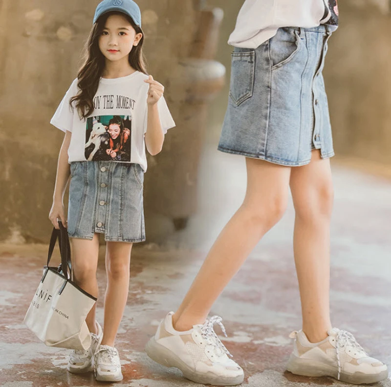 Girl Skirts Baby Girl Clothes New Casual Children Denim Skirt Kids Pockets Button Jeans Skirt For 3-15Years Girls GS58