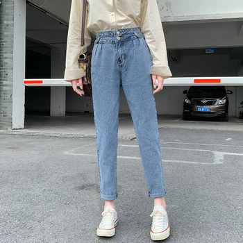 

New High Waist Mom Jeans women Slim Harem Pants balck blue Ankle-Length Pencil Pants Vintage Loose Denim Trousers autumn 2019