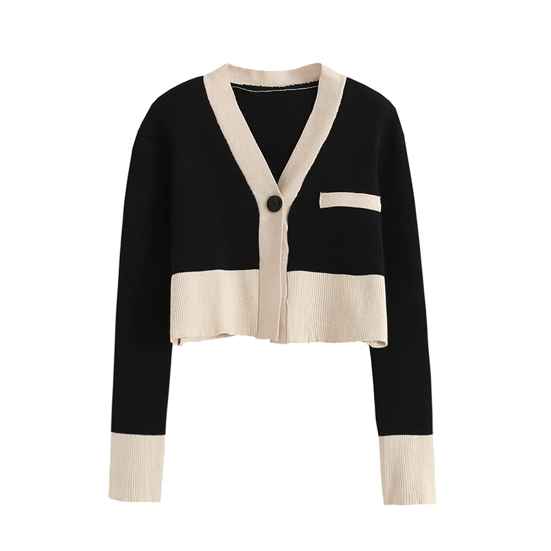 Fashion Za Women Sweater Autumn Retro Cardigan Short One Button V-Neck Long Sleeve Loose Knitting Sweaters Ladies Top