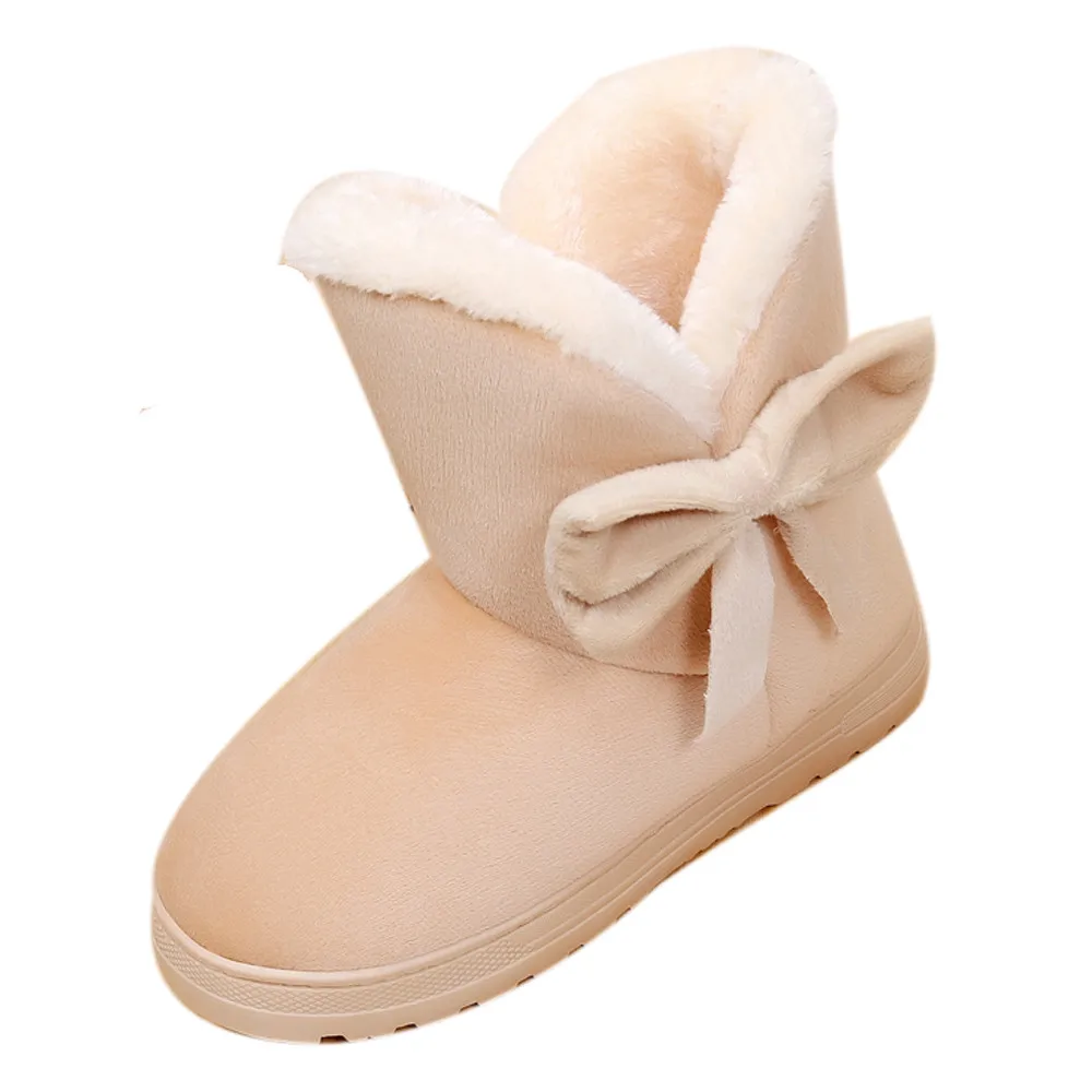 Ботинки; женские зимние ботинки; Теплая обувь с бантом; женская обувь на плоской подошве; зимние женские ботинки; обувь осень-зима; модные ботинки на плоской подошве - Цвет: Бежевый