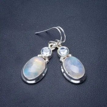 

Natural Rainbow Moonstone and Blue Topaz Handmade Unique 925 Sterling Silver Earrings 1.5" B2113