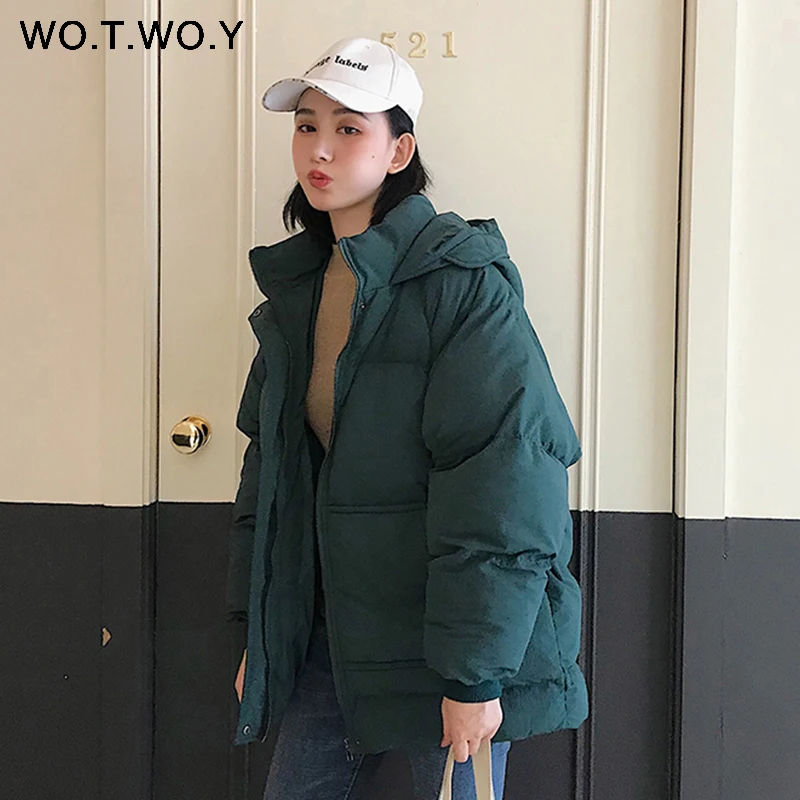 WOTWOY зимнее хлопковое Женское пальто, повседневные куртки с капюшоном на пуговицах и молнии, женские куртки с карманами, корейский стиль, Женское пальто - Цвет: C19259Green