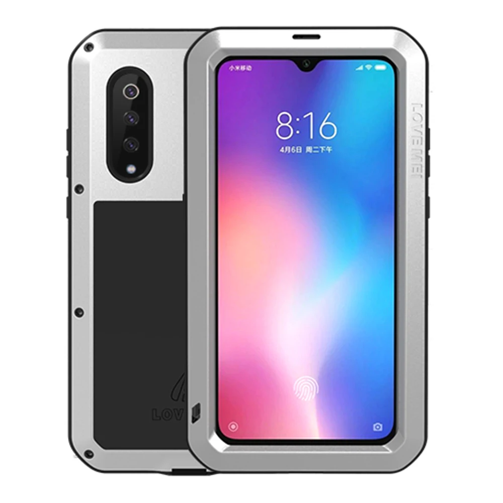 Чехол LOVE MEI для Xiaomi Mi9 Mi8, сверхмощный ударопрочный пылезащитный открытый спортивный металлический резервуар Броня крышка с закаленным стеклом - Цвет: Серебристый