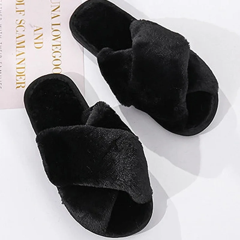 Chaussure Femme Winter Women House Slippers Faux Fur Fashion Warm Shoes Woman Slip on Flats Female Slides Black Pink Home Furry