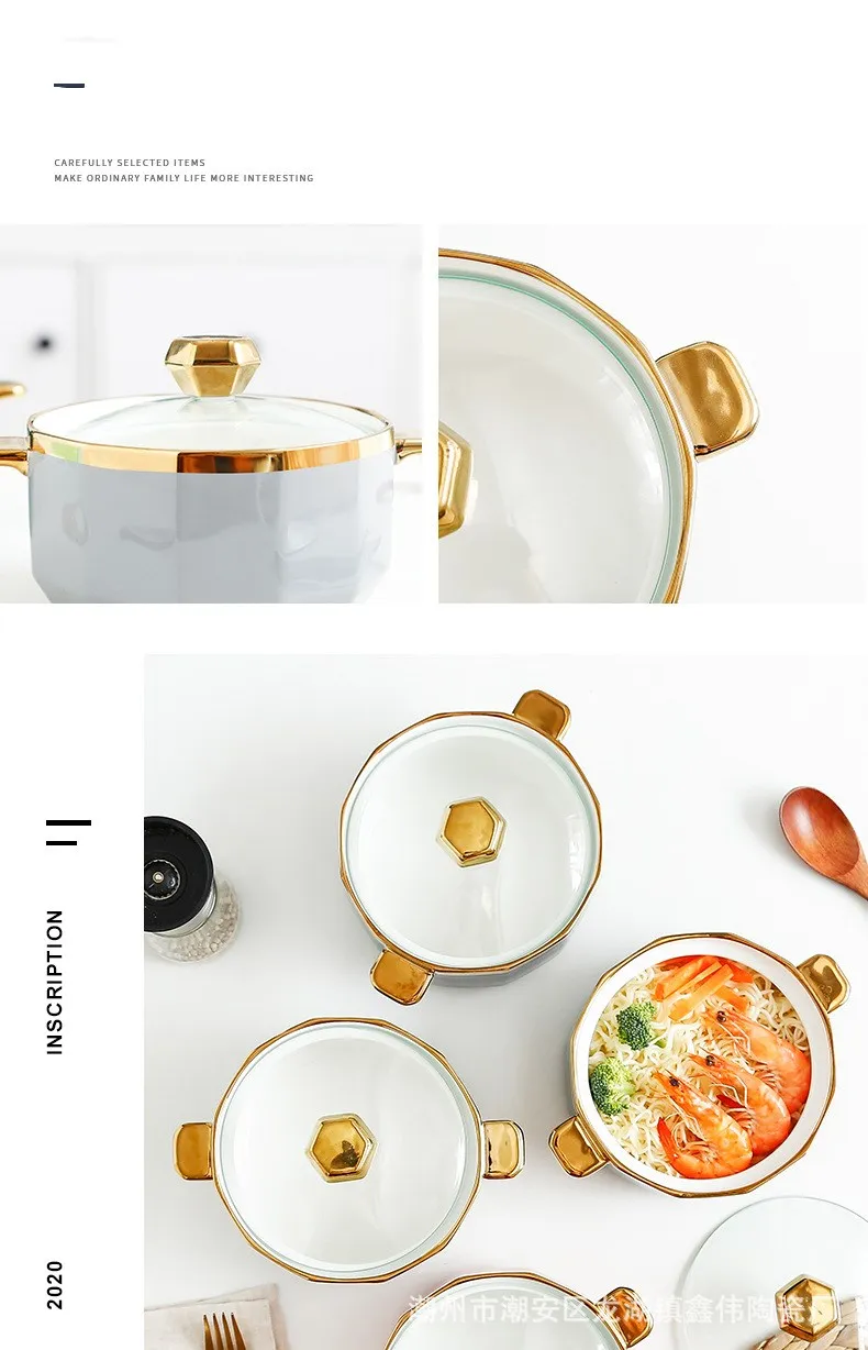 Gold Inray Instant Noodle Bowl Ceramic Nordic Eramic Ramen Bowl Large Soup Bowl Noodle Bowl Household Beef Noodle Bowl with Lid