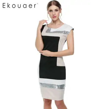 

Ekouaer Women Fashion Sexy Bodycon Dresses Slim Geometrical Patchwork Contrast Color Sequin Pencil Short Dress