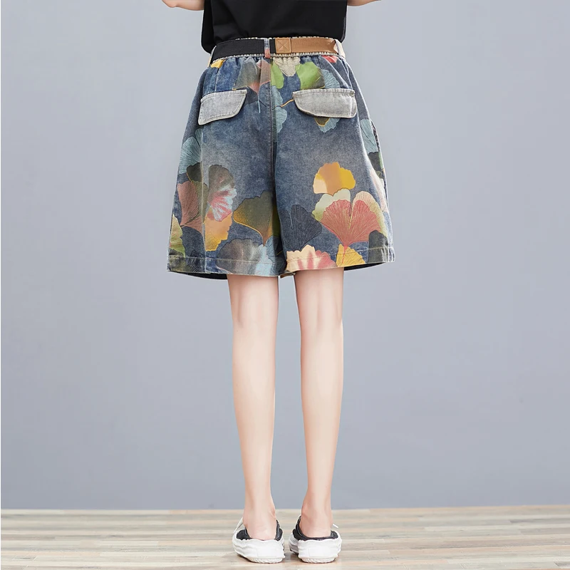 Women Oversize Denim Short Floral Print Vintage Wide Leg Jean Shorts Office Lady Casual Trendy Streetwear Elastic Waist Shorts