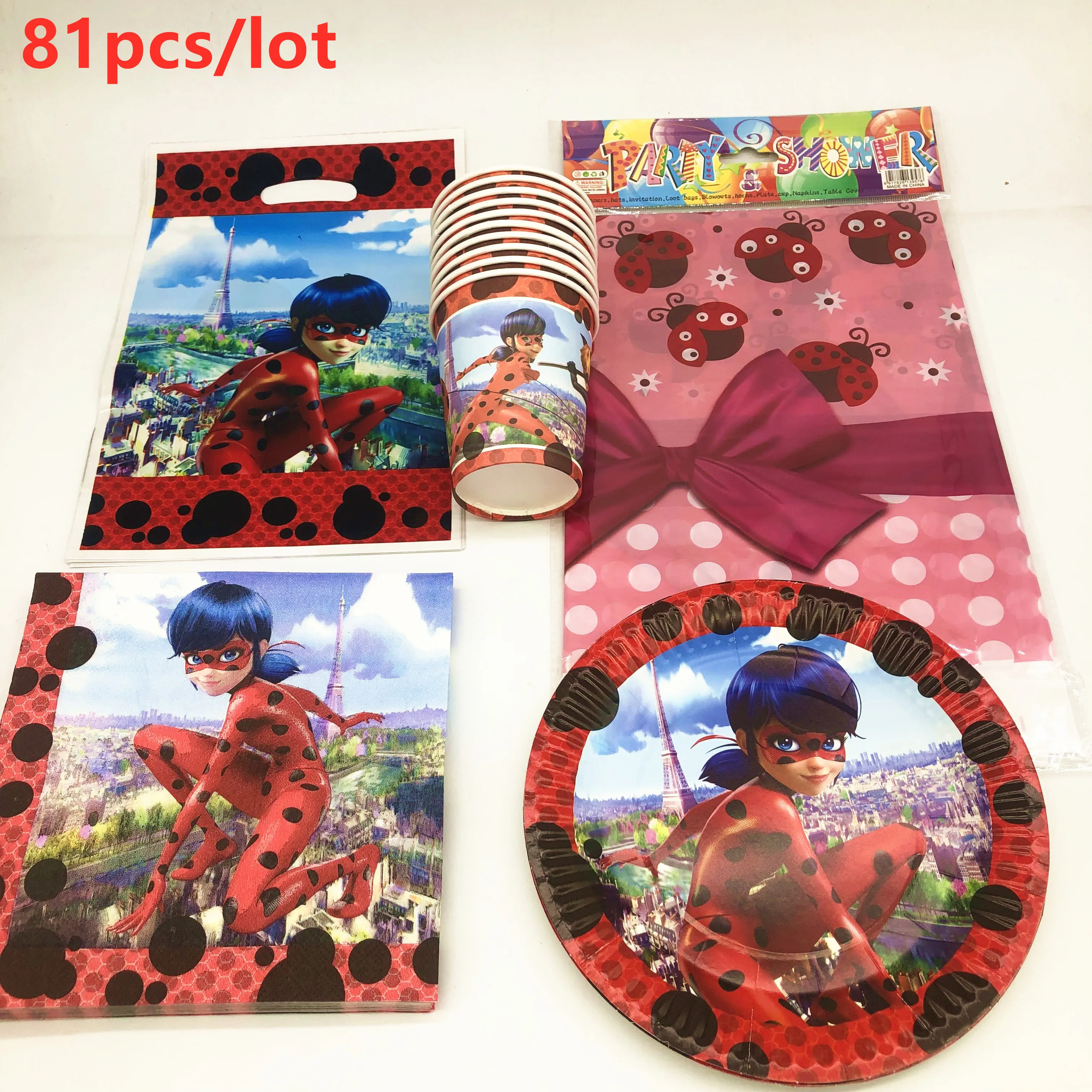 

81Pcs/lot Ladybug Theme Disposable Tableware Design Kids Birthday Party Paper Plate+Cup+Napkin+Candy Gift Bags Party Supplies