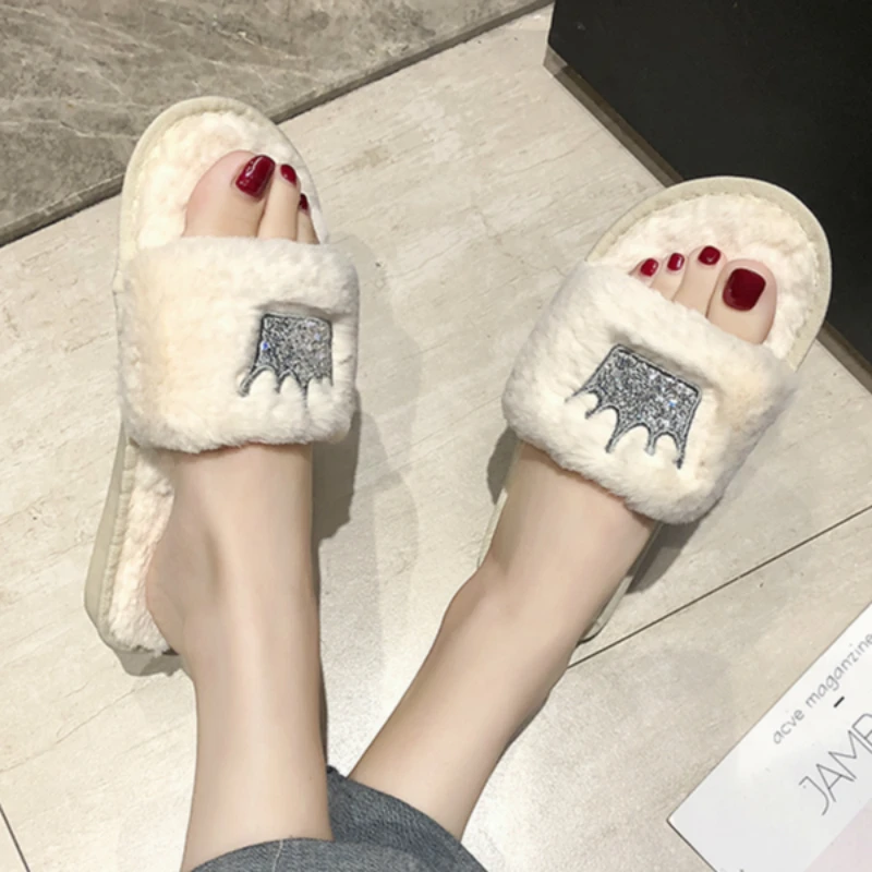 

Women Slippers 2019 Womens Fur slides Winter Shoes Big Size Home Slipper Plush Pantufa Women Indoor Warm Fluffy Cotton Shoes