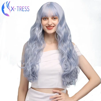 

Synthetic Blue Wigs For Women 6 Color Available Long Natural Wavy X-TRESS Wig With Bangs Heat Resistant Fiber Cosplay Wig