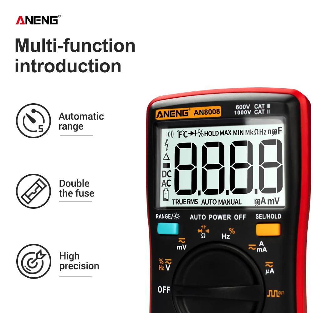 ANENG AN8008 True-RMS Digital Multimeter 9999 Counts Square Wave Voltage Ammeter 
