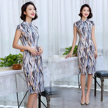 

Chinese Modern Apparel Cheongsam Wedding Dress Women Print Slim Sexy qipao Satin Dress Retro Daily Show Cheongsam