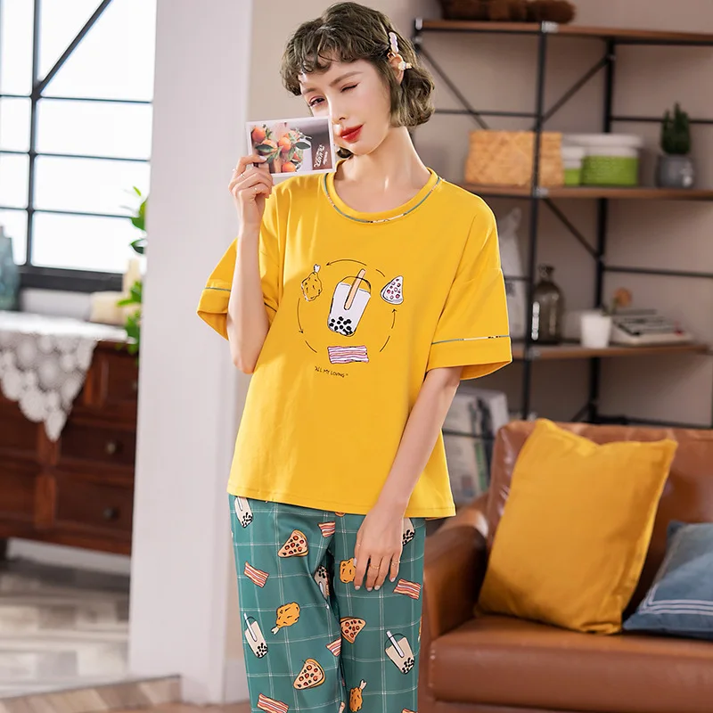 

Peach Scent Knitted Cotton Spring Cute Cartoon WOMEN'S Short-sleeved Clothes Casual Capri Pants Two-Piece Set Tracksuit Pajamas