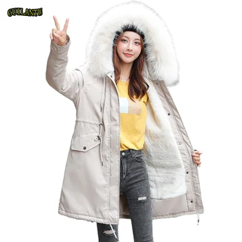 

Winter Jacket Women Wool Liner Padded Jackets Outwear Plus Size Slim Warm Waterproof Parka Mujer Fur Collar Hooded Coat Female