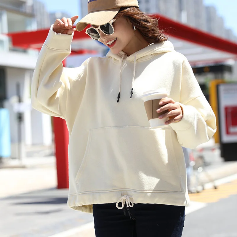 

Women's Front Kangaroo Pocket Sweatshirt Velvet Oversized Hooded Ladies Long Sleeve Hoodie 2019 Autumn Solid Female Casual Hoody