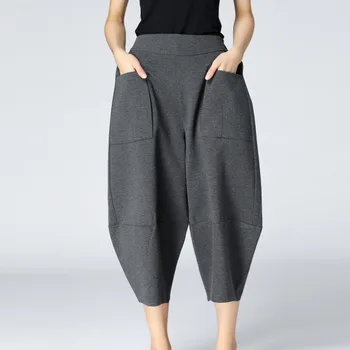 

LANMREM 2020 Women Fashion Casual Elastic High Waist Seven Part Pants Loose Lantern Female Solid Color Spring Bottoms TB253