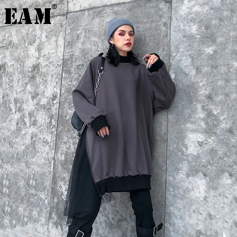 

[EAM] Loose Fit Black Asymmetrical Mesh Oversized Sweatshirt New Turtleneck Long Sleeve Women Big Size Fashion Tide Spring 2020