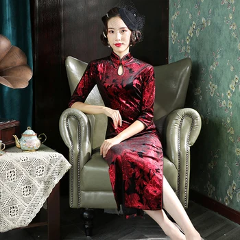 

Velour Long Lady Burgundy Qipao Evening Party Dress Half Sleeve Vintage Button Cheongsam Mandarin Collar Sexy Plus Size Vestidso