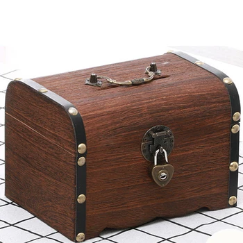 

Home Decor Saving Pot Storage Vintage Desktop Kids Toy Large Capacity Piggy Bank Solid Wood Free Standing Money Box With Lock
