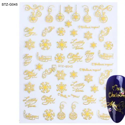 10Pcs/Set Christmas Theme 3D Glitter Snowflower Santa Nail Sticker New Year Slider Tattoo Adhesive Decal Manicure Decor - Color: STZ G045 Golden
