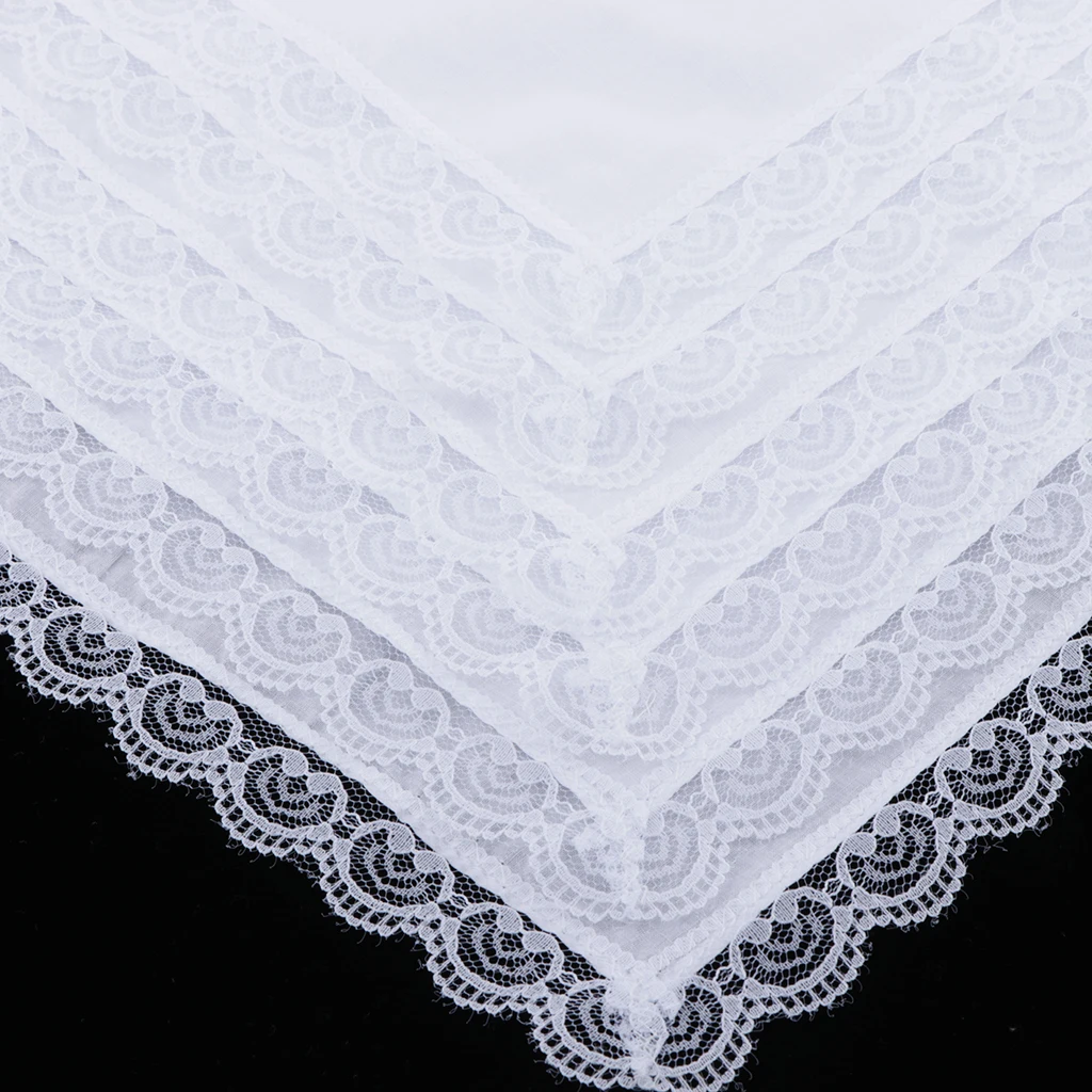 5pcs 100% Cotton White Handkerchiefs Wedding Hankie Kerchiefs with Lace Trim