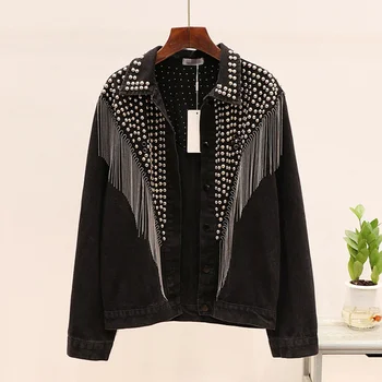 

Chaquetas Mujer 2020 Autumn Streetwear Denim Jacket Women Hand-studded Rivet Tassel Chain Short Jeans Jacket Loose Black Coats