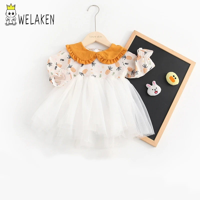 

weLaken Lace Mesh Ball Gown Dress Girls Clothes Floral Pattern Printed Petal Collar Short Sleeve Summer Dresses For Babe Girl
