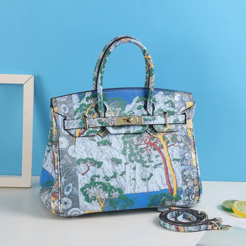 

Graffiti Birkin Bag Embossed Leather Full-grain Leather Printed Coloured Drawing Handbag Genuine Leather Large Bag Shoulder Cros