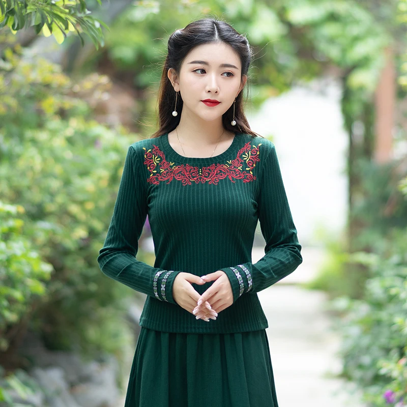 KYQIAO camiseta mujer Винтажная Футболка женская осень весна Мехико стиль длинный рукав красный зеленый вышивка вязаная рубашка футболка Топы
