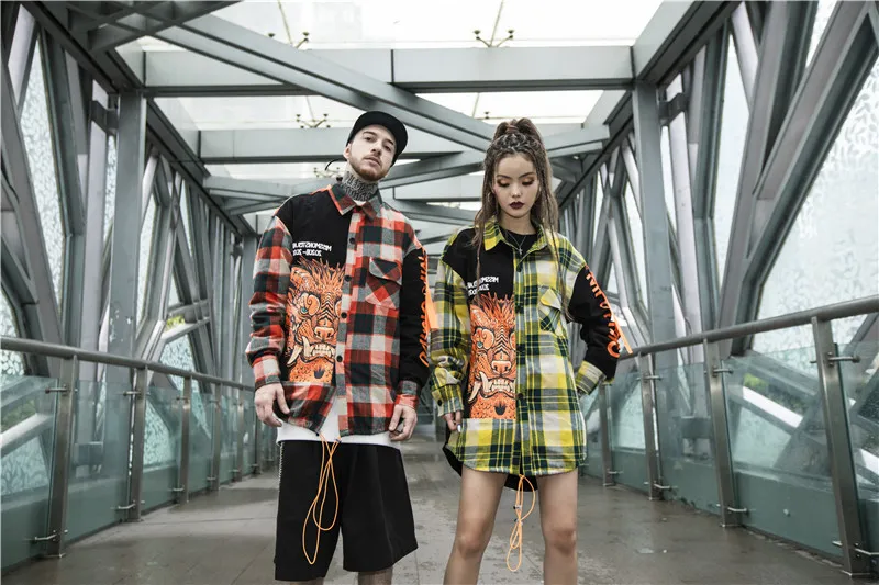 Harajuku дракон с буквенным принтом плед рубашки для мужчин модная лента уличная хип хоп рубашки с длинными рукавами для мужчин R2342