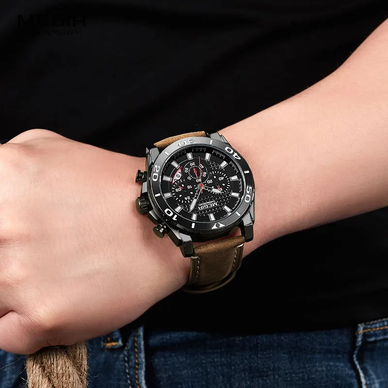 

Men's Leather Strap Army Sports Quartz Watches Waterproof Luminous Chronograph Wristwatch Man Relogios Clock 2094 Black