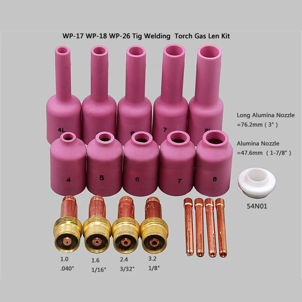 TIG Long Gas Lens TIG Back Cap Collet Body Kit Fit TIG Welding Torch SR WP17 18 26 43pcs
