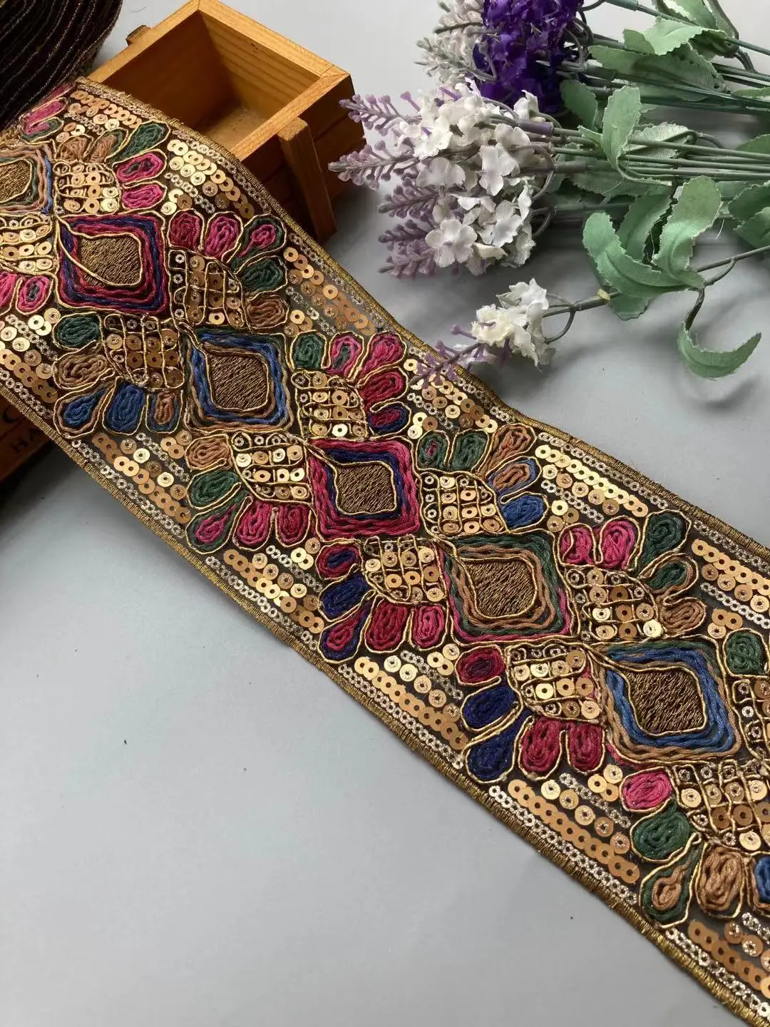 1 Yards Sequin Lace Trim Lace Ribbons Fabric DIY Embroidery for Garments Headdress Ethnic Wedding Decor Sewing Handmade Supplies lace ribbon lace fabric lace sewing accessories lace sewing supplies lace accessories lace garment accessories lace decoration clothing craft accessories