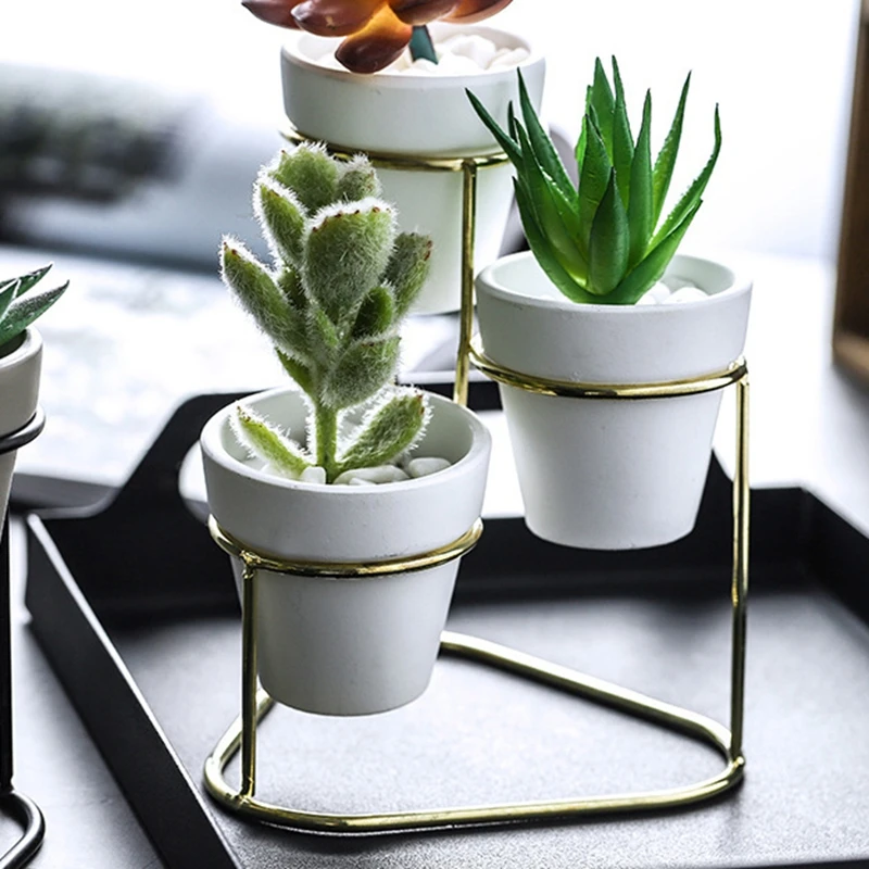 

Iron Desktop Three Sets Of Flowerpot Succulent Plant Round Cement Pot With Simple Iron Rack Home Decoration