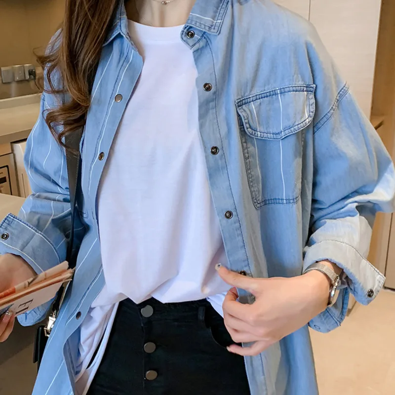 Fashion Tide Autumn New Casual Fashion Temperament Female Loose Long Sleeve Solid Color Short Denim Shirt TC593