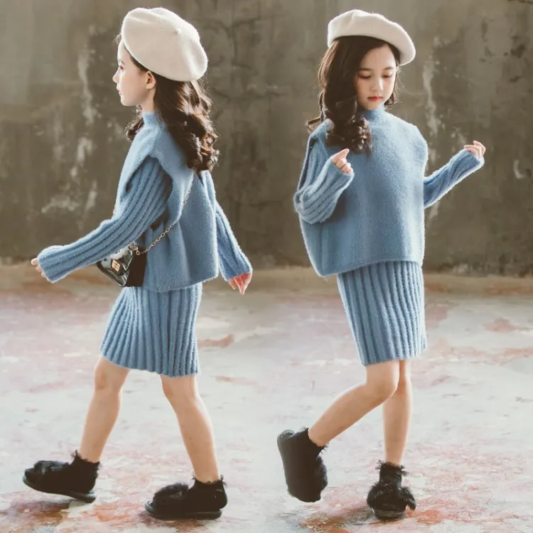 3-13 Years Big Girls Sweater Dress Fleece Warm 2 pcs Vest Sweater Dress Clothing Sets
