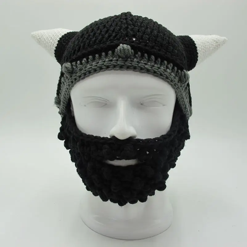 Men's Vikings Helmet Hat Horn Beard Handmade Knit Winter Cap Warm Beanie Halloween Gift Vicking Party