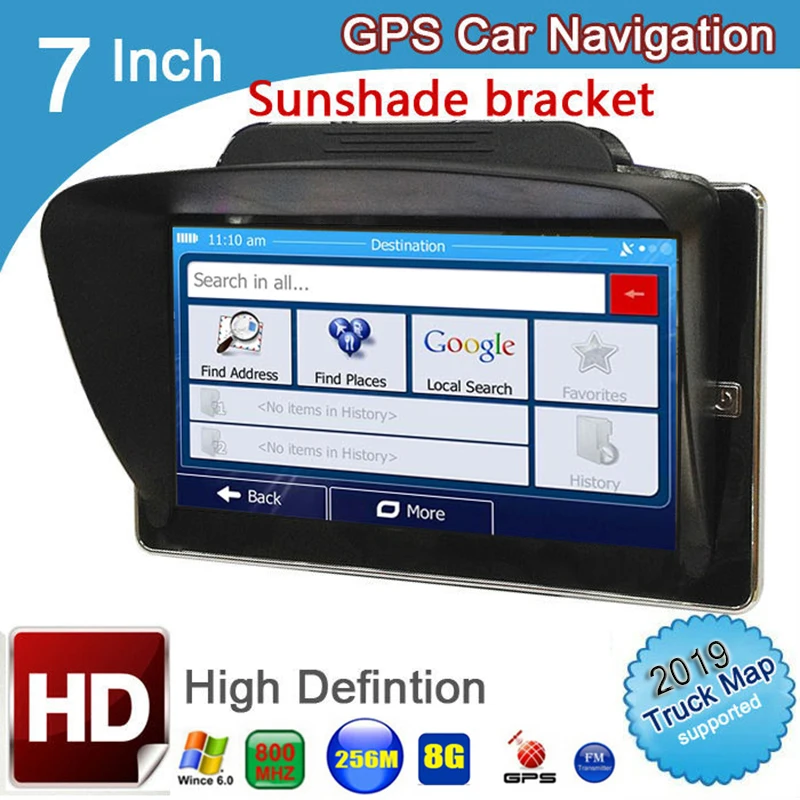 

7 inch truck GPS Navigation DDR 256M 8GB MTK CE6.0 gps navigator maps for navitel/ espanol/Europe/USA/spanish with sunshade