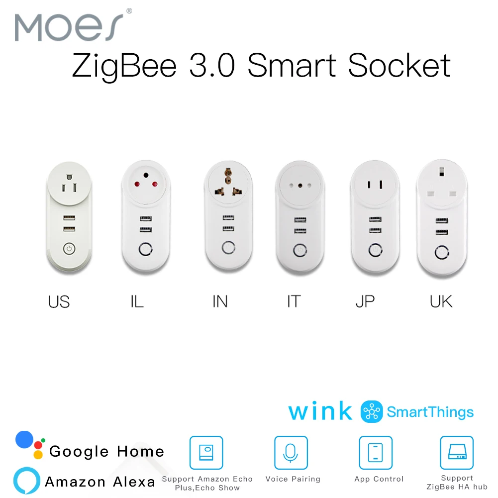 Интеллектуальная розетка ZigBee 3,0 с 2 usb-интерфейсом, дистанционное управление голосовым управлением, работает с SmartThings Wink Echo Plus и большинством Zigbee Hub
