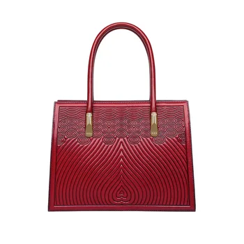 

China Red Style Authentic Cowskin Women's Elegant Embossed Totes Genuine Leather Female Single Shoulder Bag Lady Green Handbag