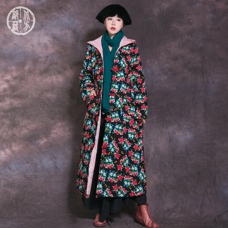 

[Micro for Offer Especially] Origional Cotton Linen Frog Thick Long Cotton-padded Jacket Ethnic-Style Witch Hat Robe Coat