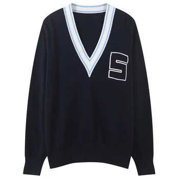 

Runway Striped Knitted Women Pullovers Sweater V-Neck Autumn Winter Female Embroidery Letter Long Sleeve Bestmatch Ladies Jumper