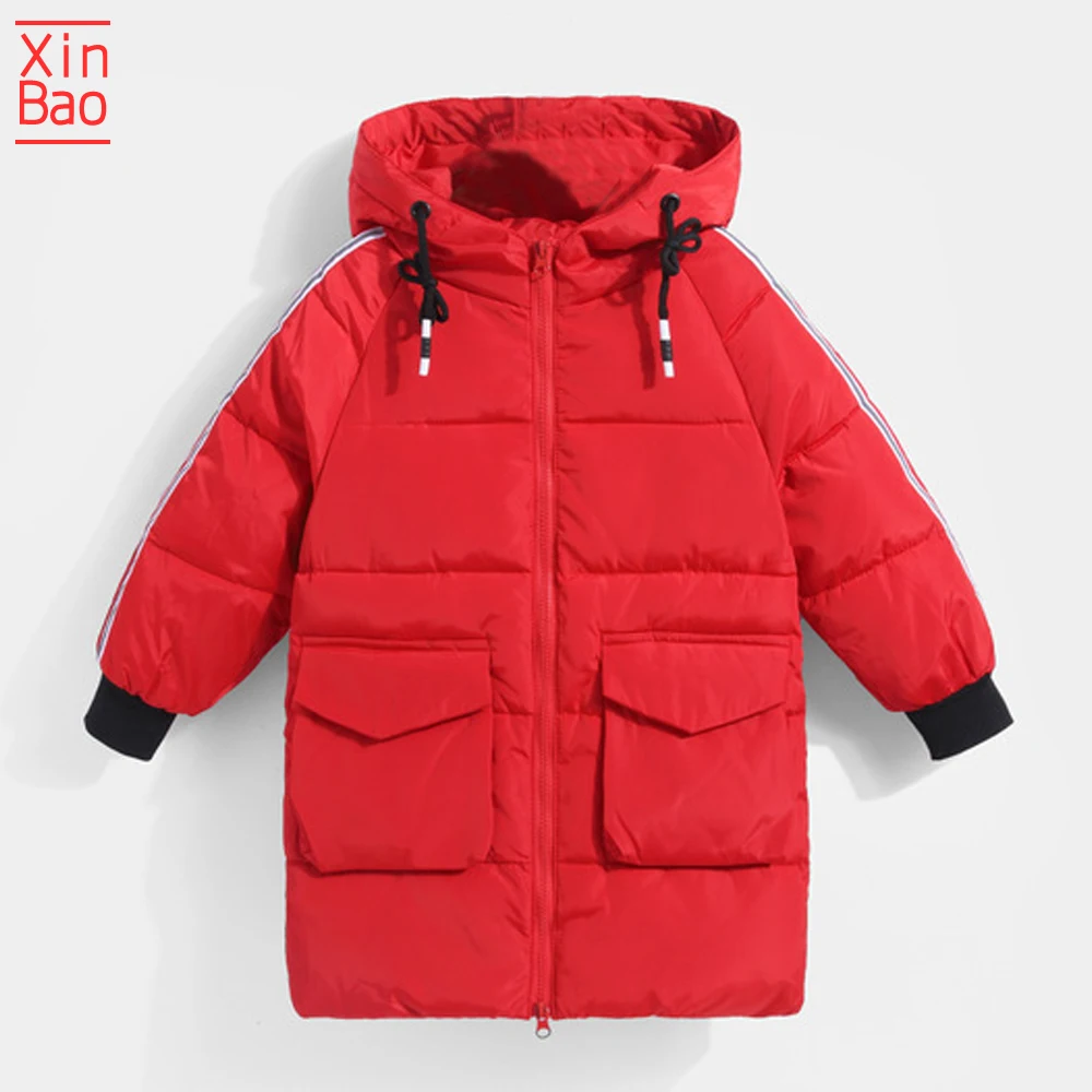 XINBAO/ новая куртка на белом гусином пуху для мальчиков и девочек, плотная длинная куртка с капюшоном на осень и зиму, размеры 5, 6, 7, 8, 9, 10, 11 лет