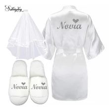 Sisbigdey/комплект из 3 предметов, блестящий, золотой, атласный, короткий халат атласный, тапочки для невесты, peignoir, женские свадебные вечерние,, кимоно, Халат