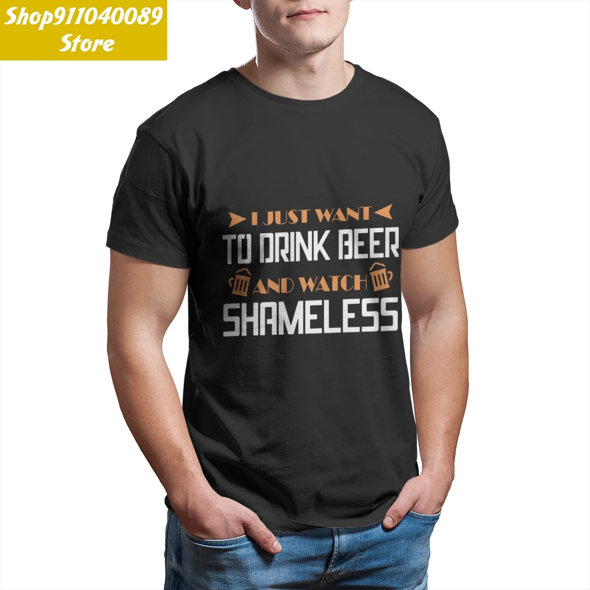 Футболка с надписью I just to drink and watch черная Винтажная футболка бесстыдное пиво