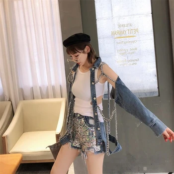 

Denim Coat Autumn Jackets Women Long Sleeve Personality chain denim stitching sexy cool jacket Casual Locomotive rock Denim Coat