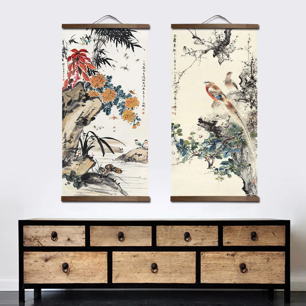 Chinese Traditional style flower animal canvas home decoration for living bedroom wall art picture poster wood scroll paintings 3