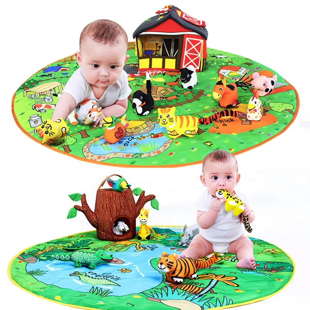 Children Happy Play Blanket Kid's Early Education Cartoon Animal Park Blanket Rattle Bell Three-Dimensional Cloth Doll Grasp Toy 1