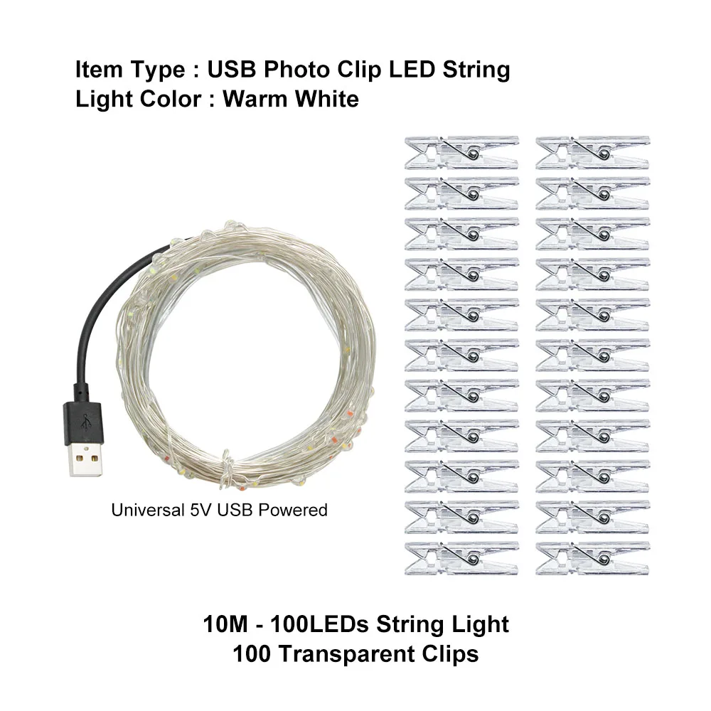100leds 100clips 1 м 2 м 5 м 10 м фото клип светодиодный гирлянда Рождественские фонари USB/батарея для гирлянды для вечеринки свадьбы Рождества Рождественские украшения - Испускаемый цвет: 100leds 100clips