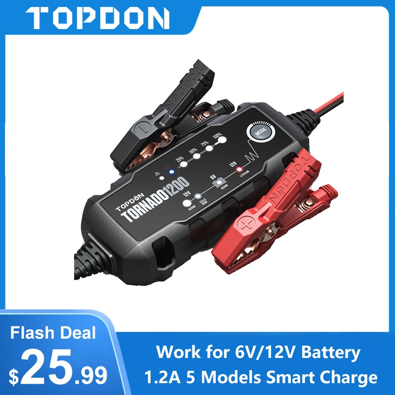 Topdon-cargador de batería automático para coche y motocicleta, Cargador de baterías de litio de plomo ácido IP65, 6V, 12V, T1200